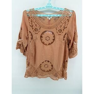 Umgee USA Womens Large Terracotta Crochet Lace Boho Top NWT Beach Resort Wear